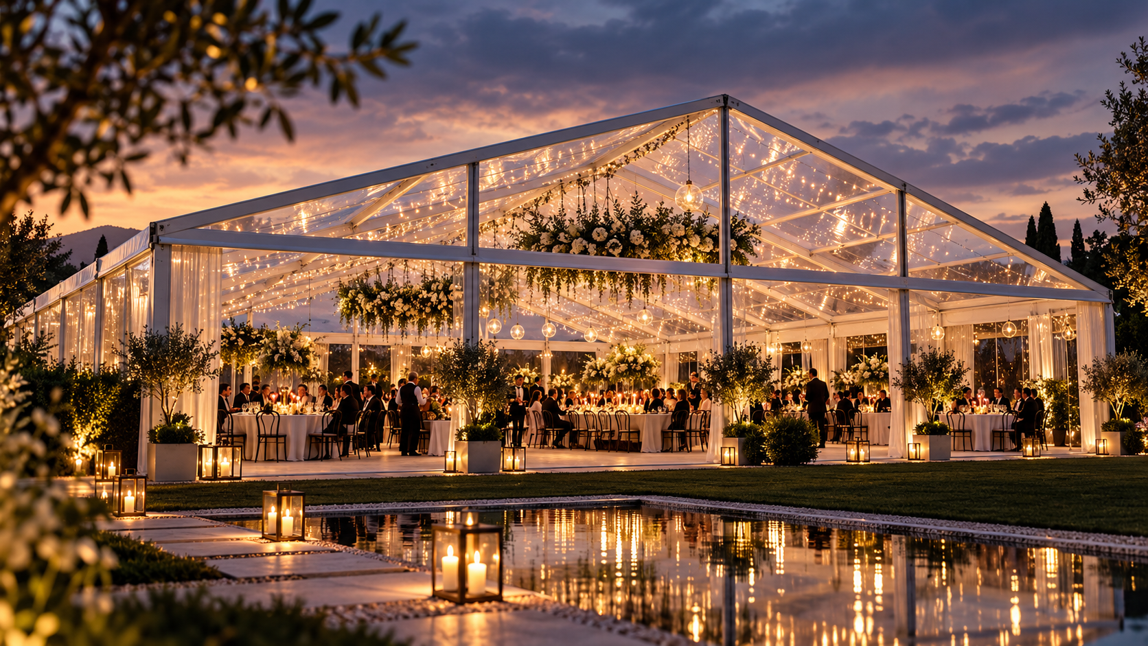 Large premium clear-span event pavilion with translucent roof and glazed walls