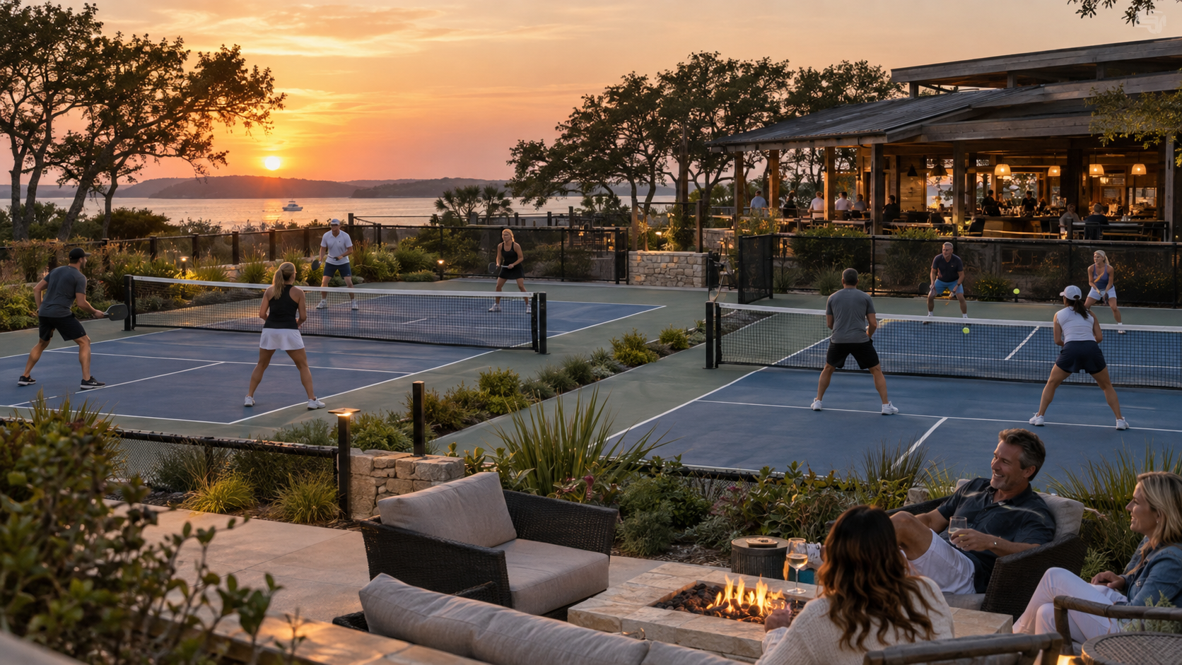 Waterfront commercial pickleball venue with active courts, social seating and hospitality space