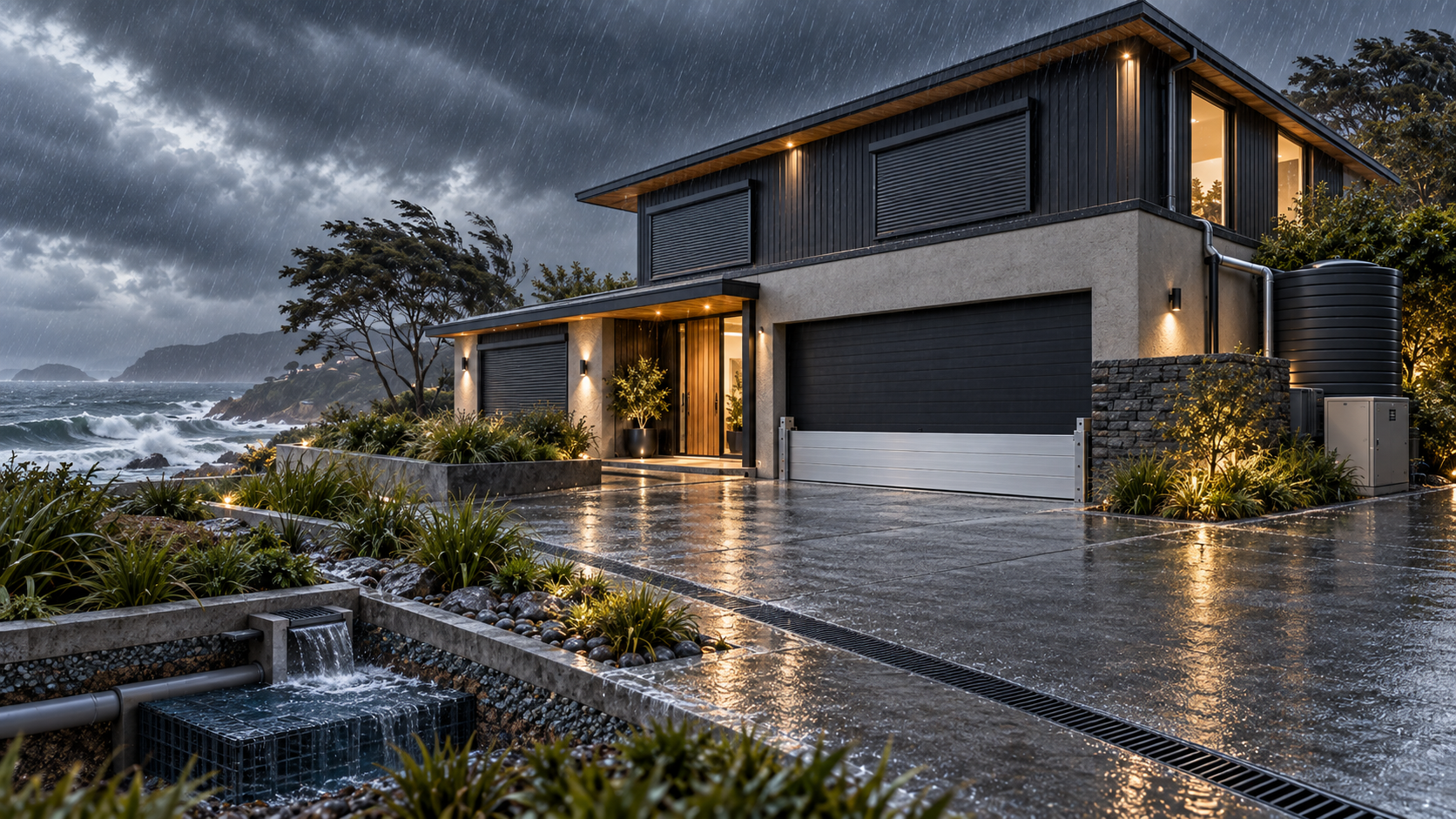 Resilient modern home with protected openings, drainage, rainwater storage and utility systems