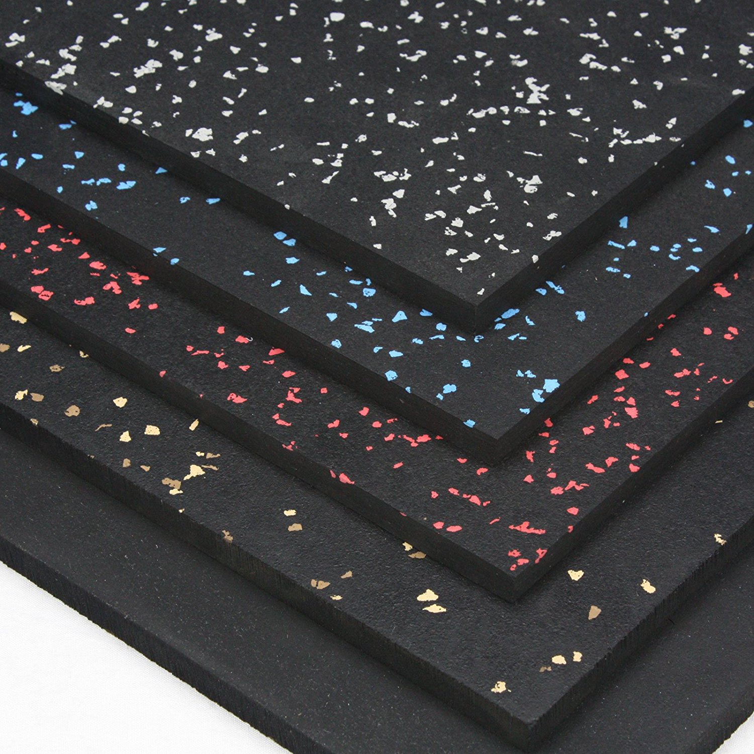 Stacked black rubber gym tiles with coloured EPDM fleck finishes