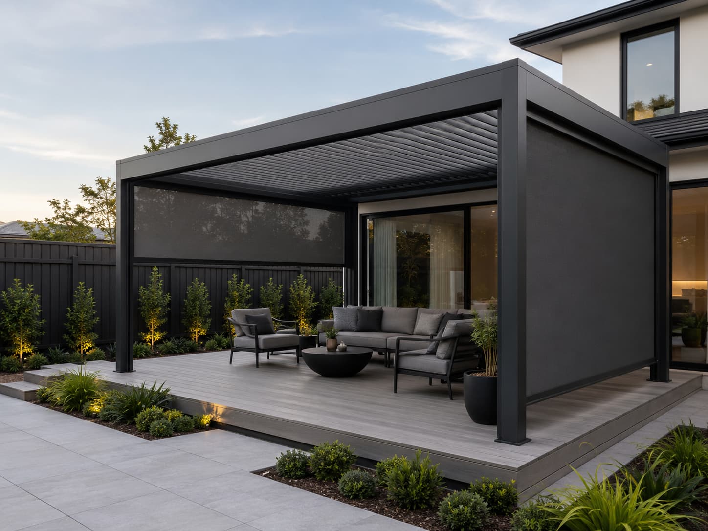 Dark guided outdoor screen integrated beneath an aluminium louvre roof