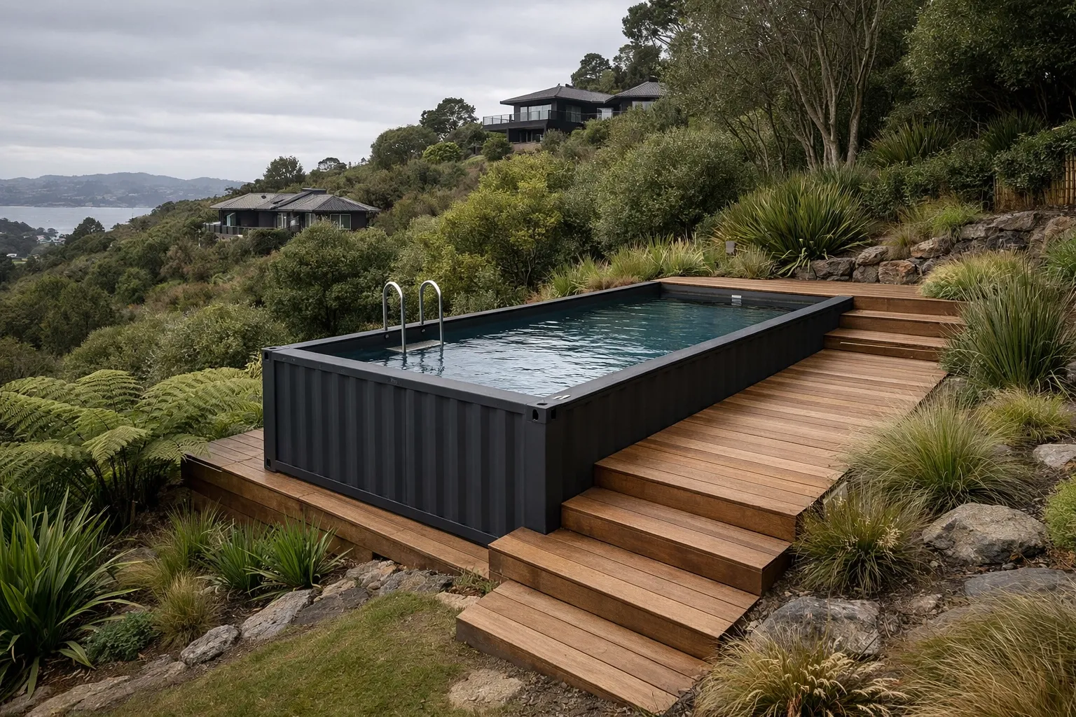 Auremont pool set into a timber deck on a sloping landscaped site