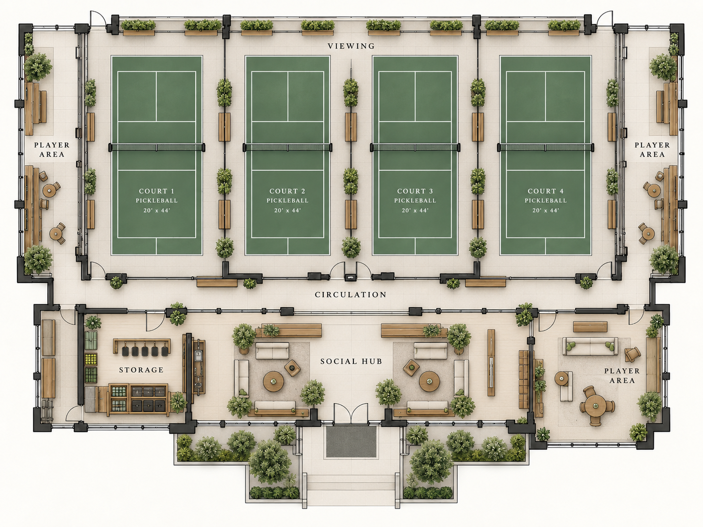 Four-court pickleball club plan with player areas, viewing, storage and a central social hub