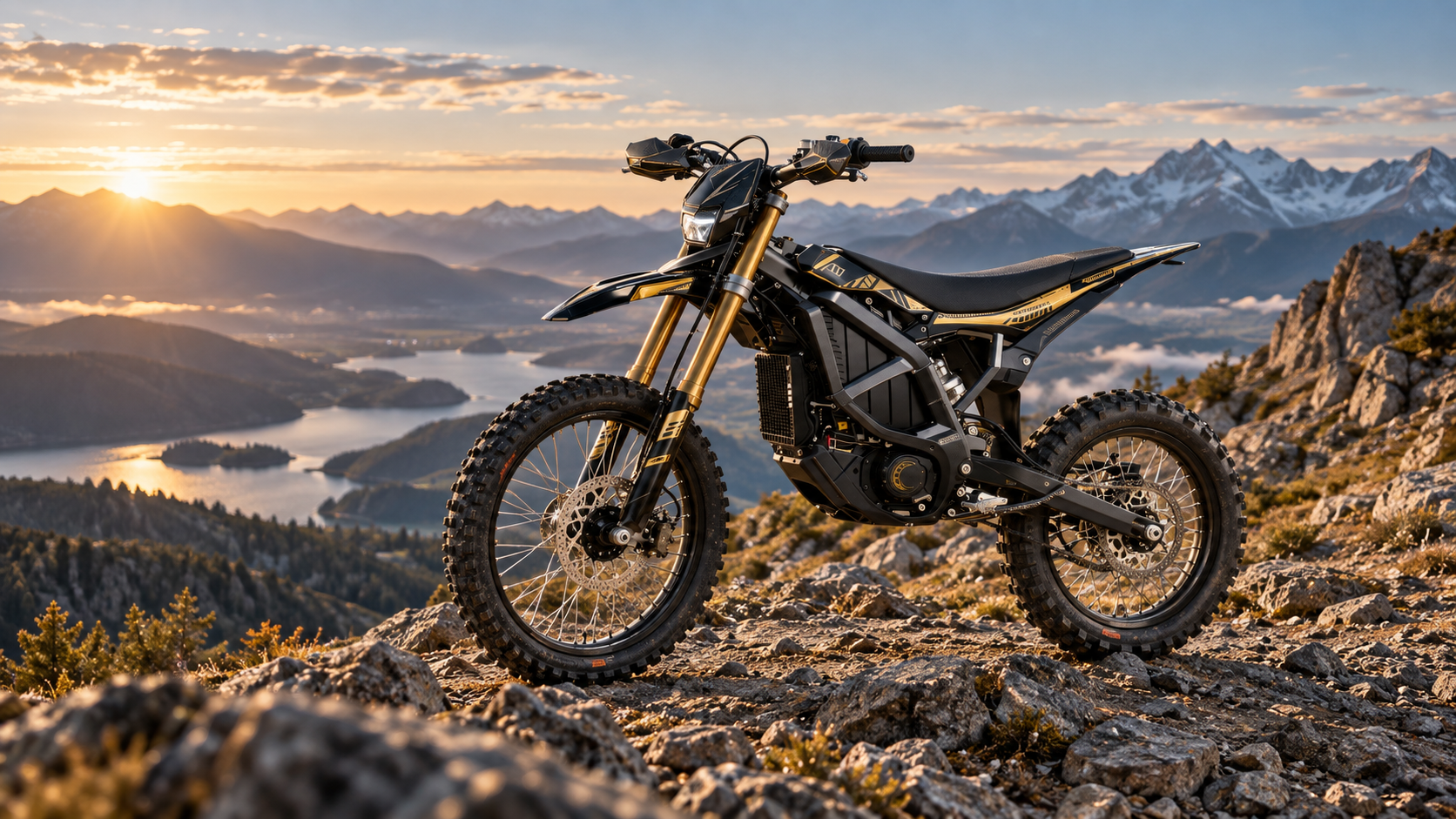Representative full-size black and gold electric off-road motorcycle in an alpine landscape