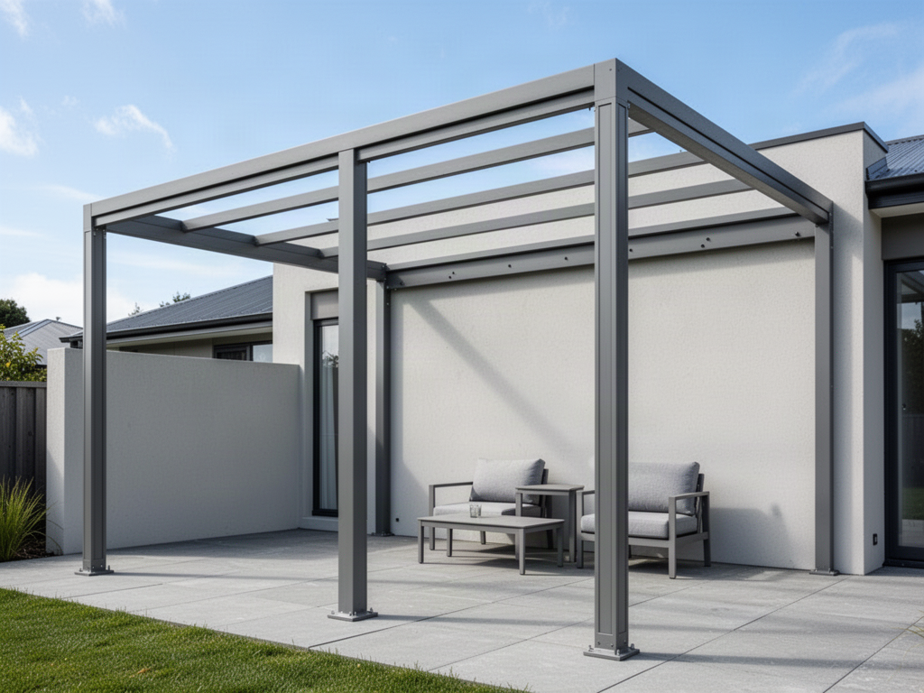 Wall-attached grey CADARN FRAME open aluminium pergola structure