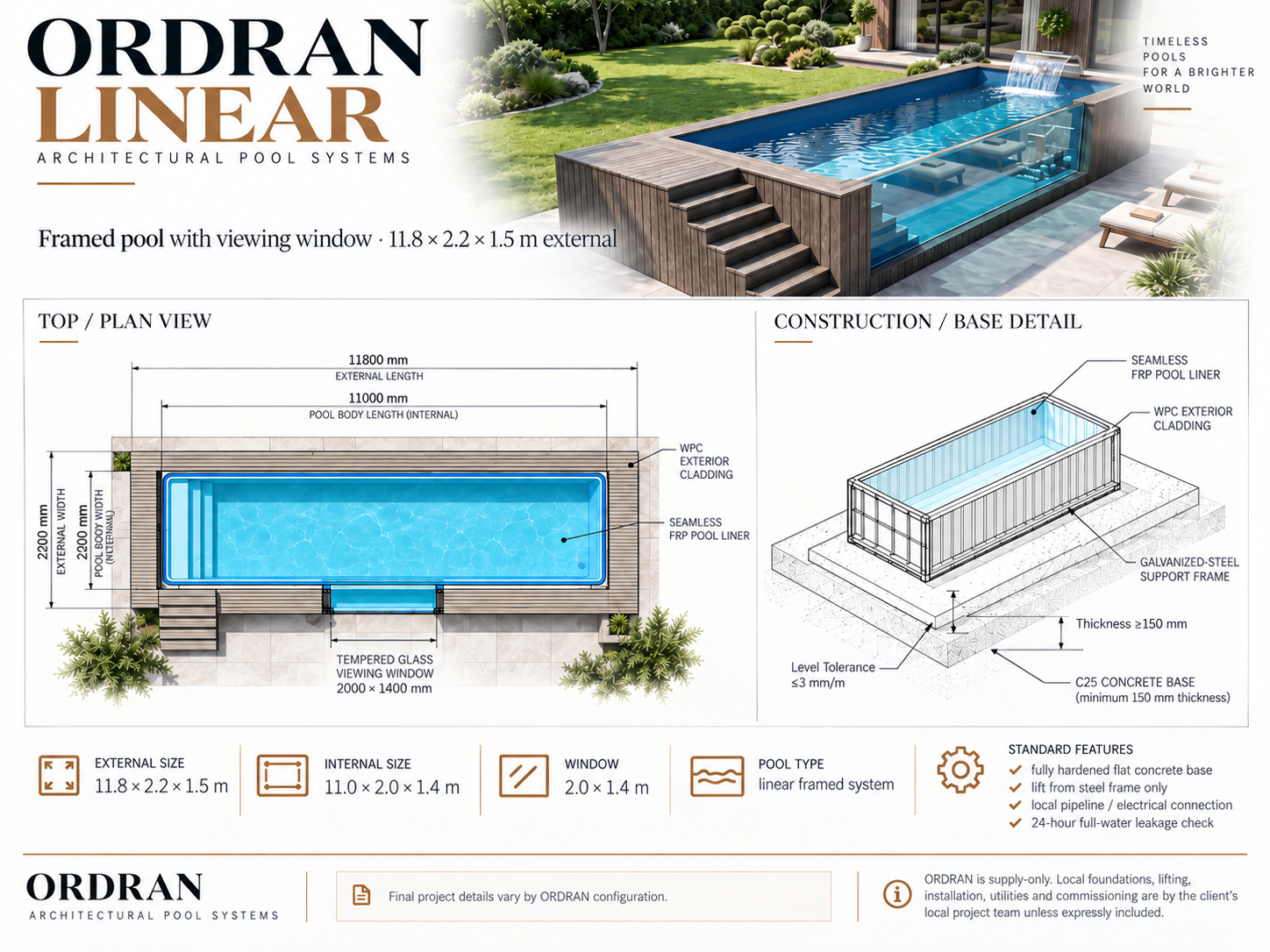 ORDRAN LINEAR long-format framed pool system