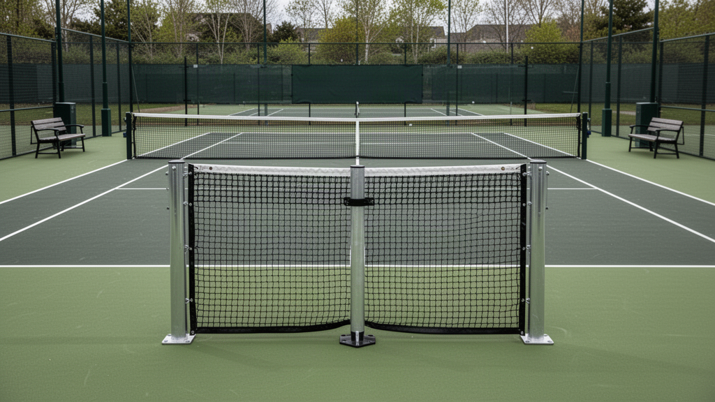 Professional tennis net and post system on a permanent court