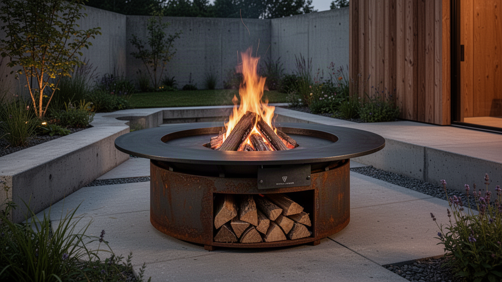 SVALDR Plancha circular live-fire grill with central wood fire and weathered-steel body