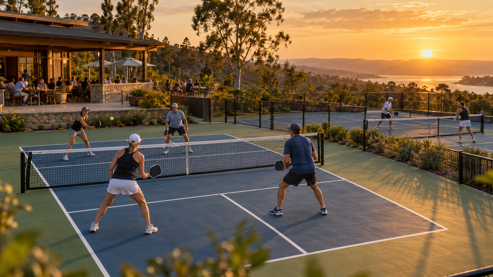Outdoor pickleball courts in a landscaped multi-court setting
