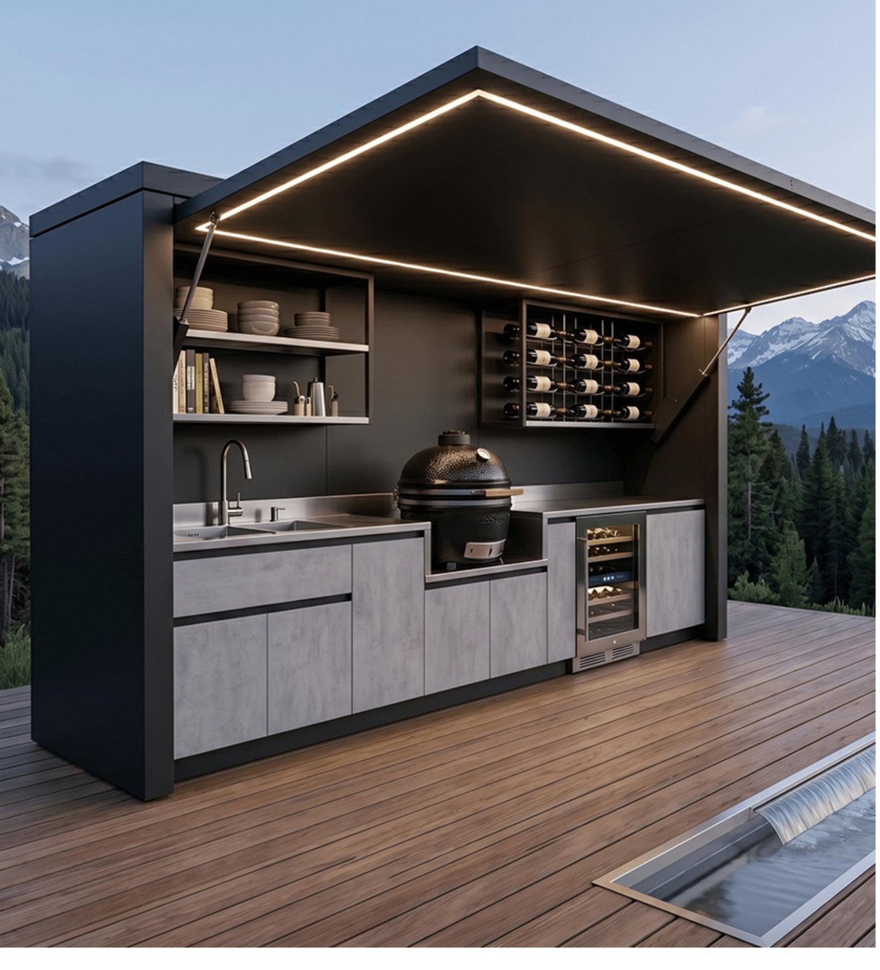 Open NORDVAL charcoal outdoor kitchen pavilion with lift-up canopy and integrated lighting