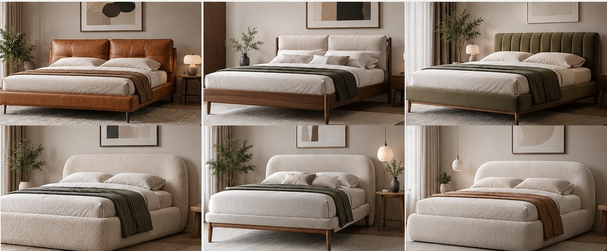 SKELVAR Atlas Mid-Century bed concept with a softly upholstered cushion headboard and slim raised frame