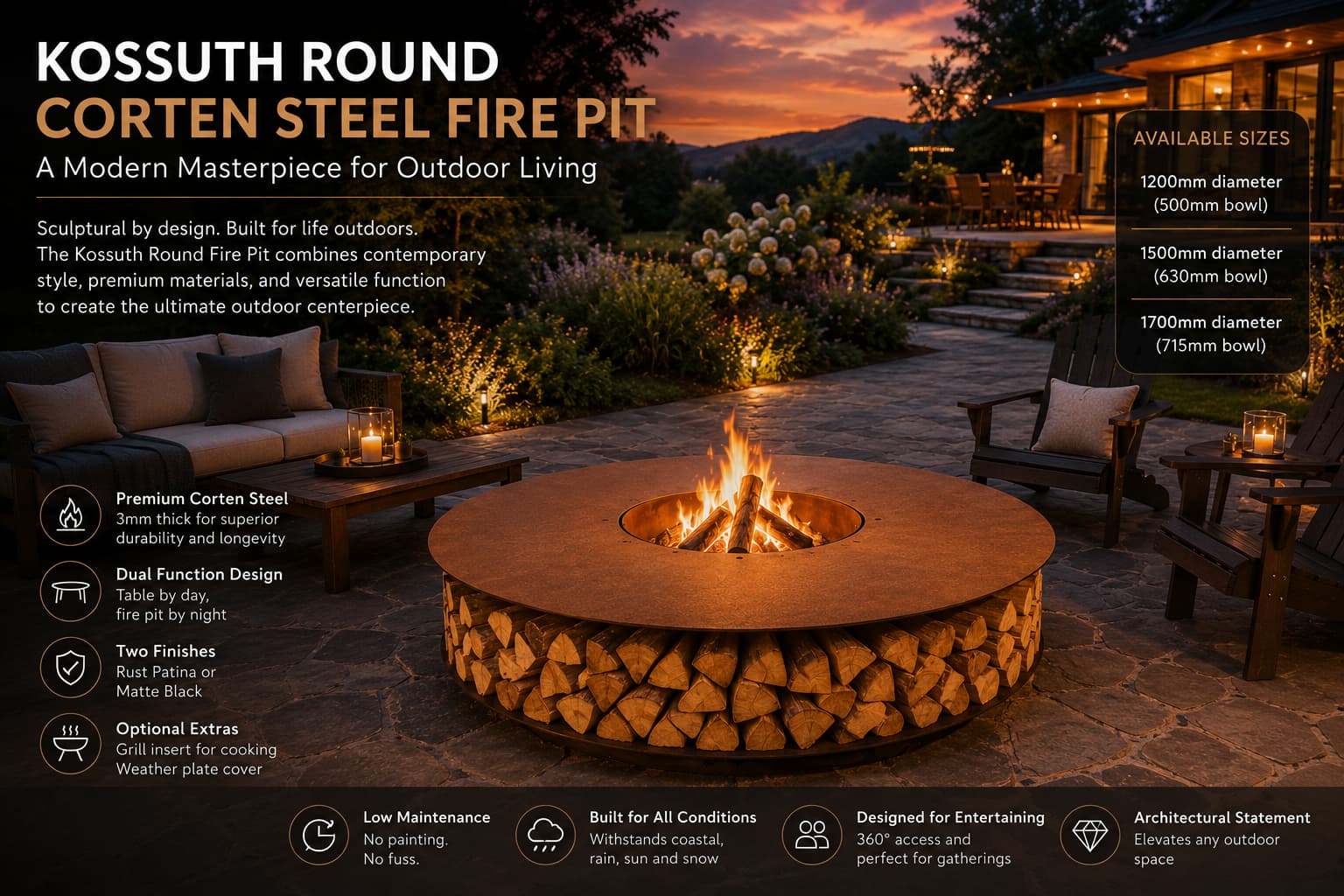 Kossuth Round Corten Steel Fire Pit with integrated circular log storage