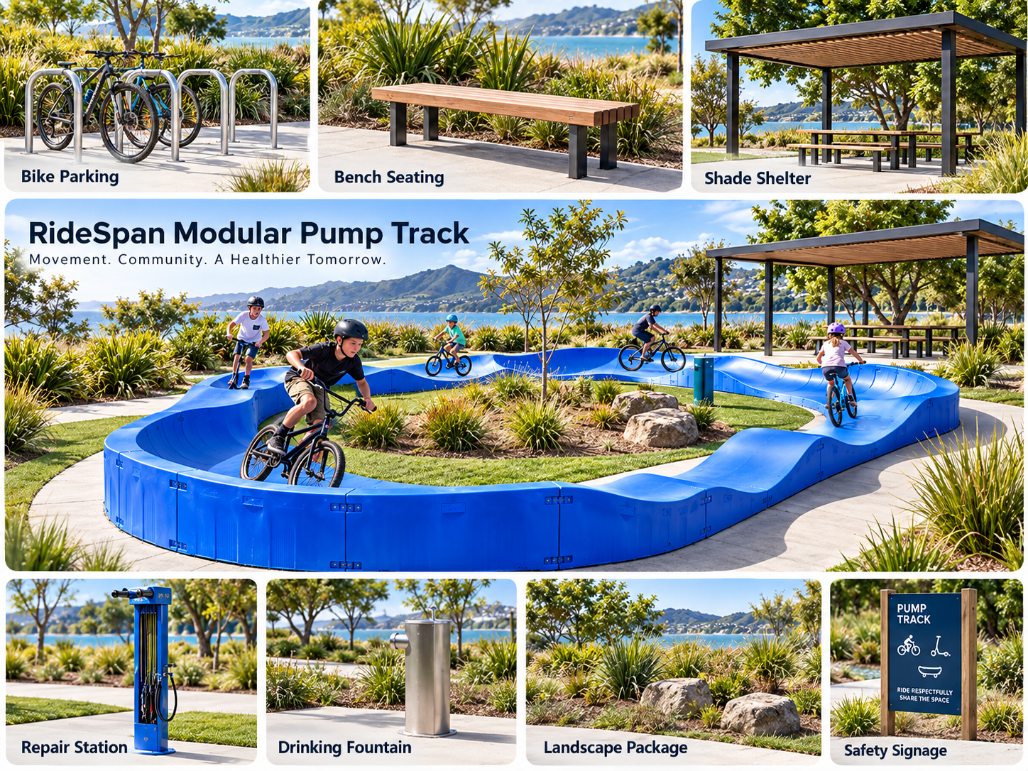 RIDEspan complete movement park package with bike parking, seating, shade, drinking fountain, repair station and landscaping
