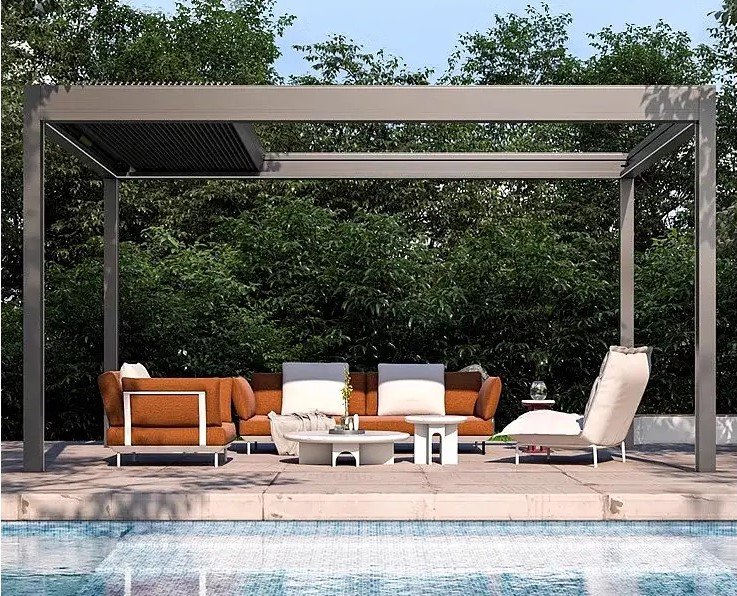 AUVENOR architectural roof system beside a pool and outdoor living area