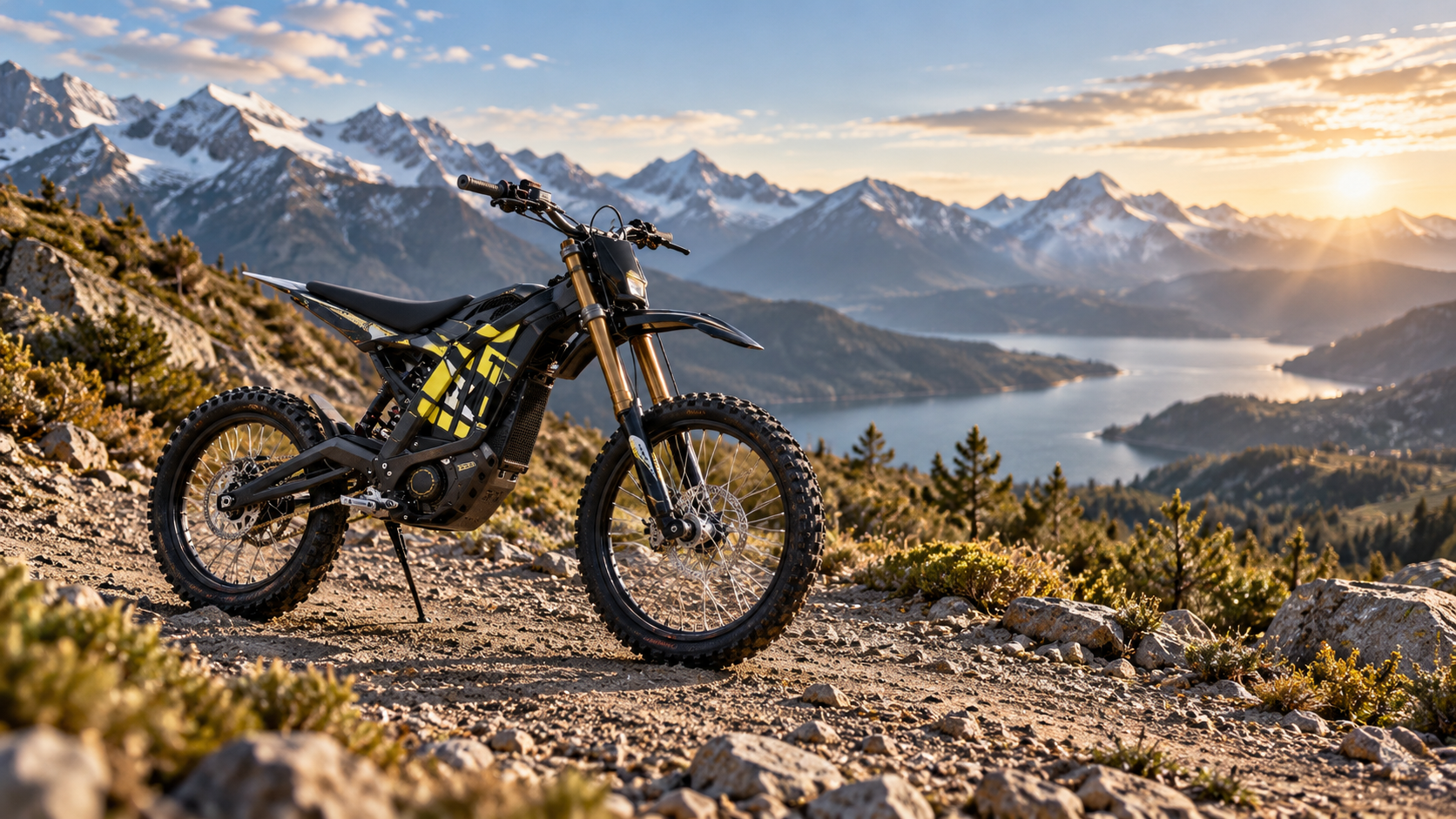 Representative lightweight electric dirt bike in an alpine trail setting