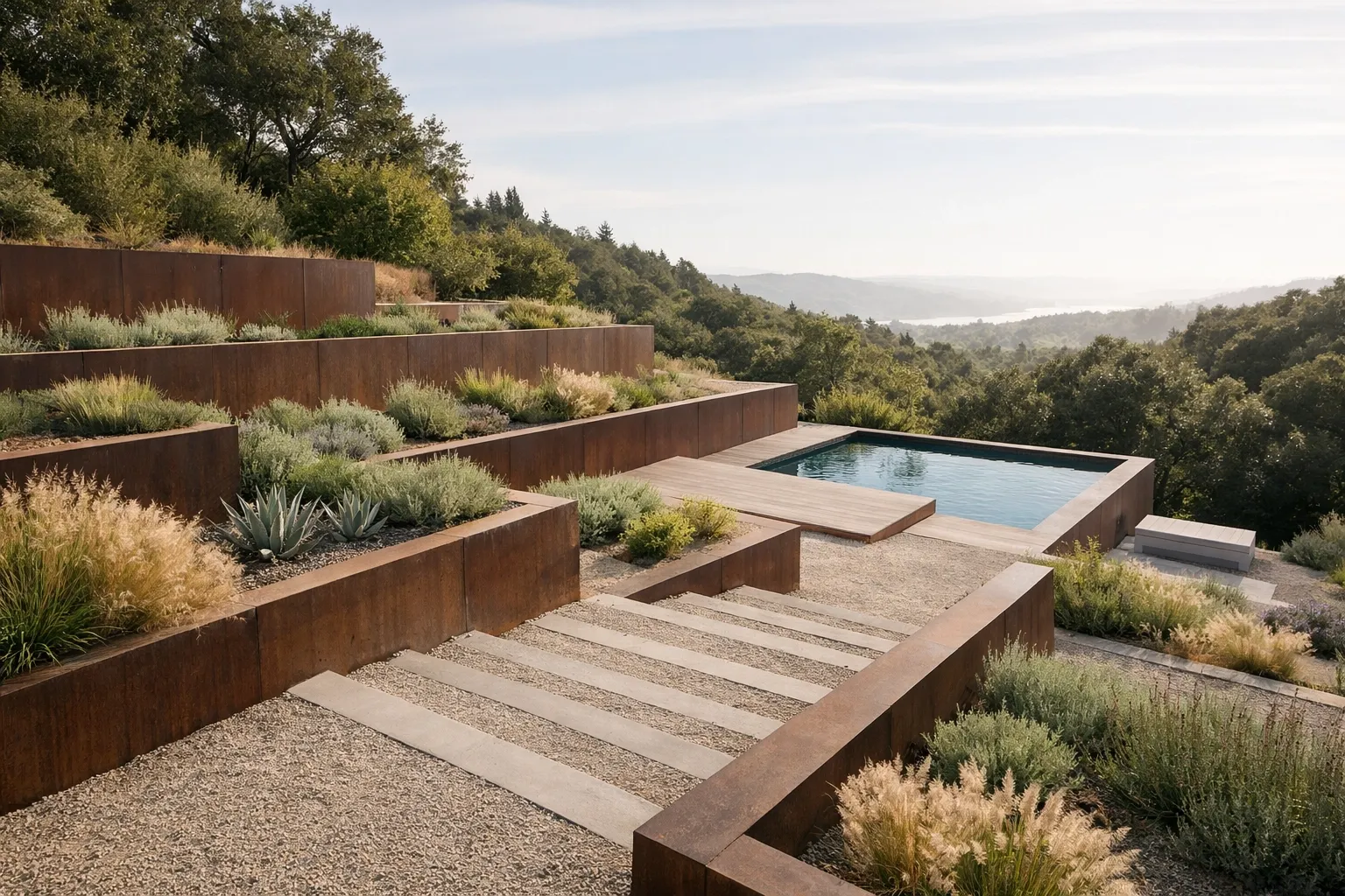 Auremont pool integrated into a terraced hillside landscape