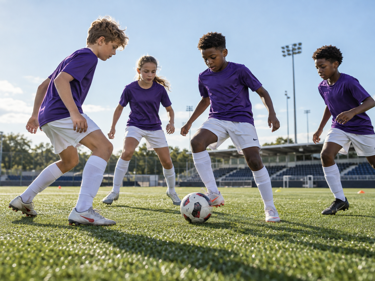 Football players training on a premium artificial sports turf field