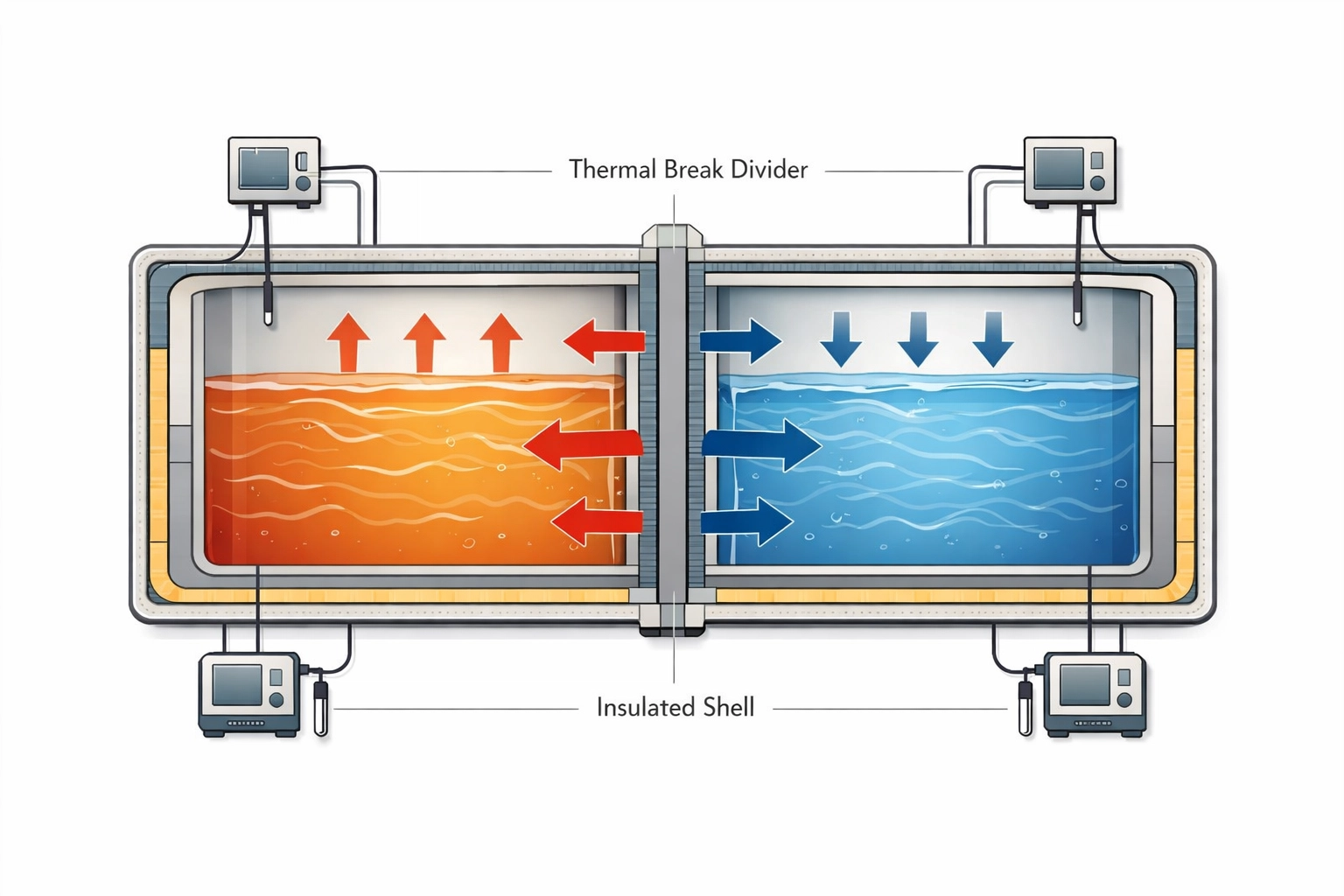 Concept diagram showing separately controlled warm and cool water zones in a modular pool