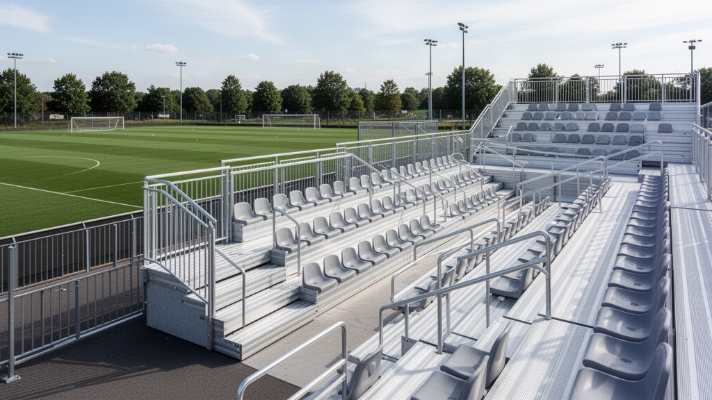 Portable aluminium sports bleachers beside a field