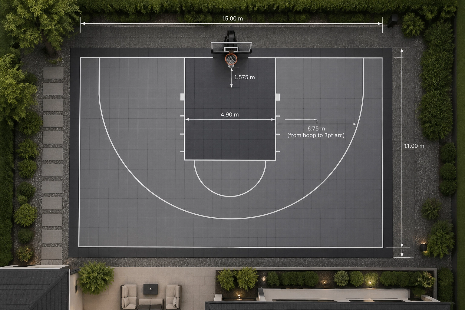 Top-down concept plan of a 15 metre by 11 metre residential 3x3 basketball court