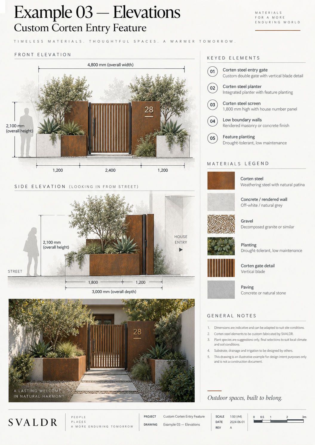 Illustrative elevations for a custom Corten entry feature