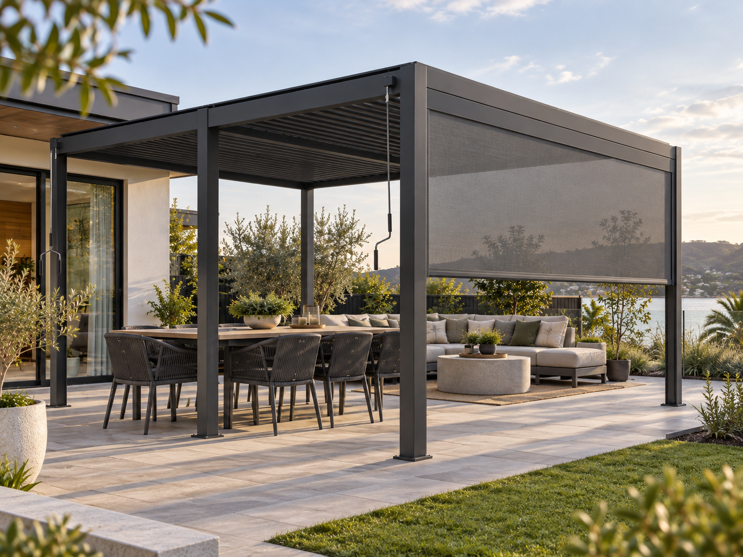 Architectural visualisation of an AEGIS PRIME louvre pergola with integrated side blind
