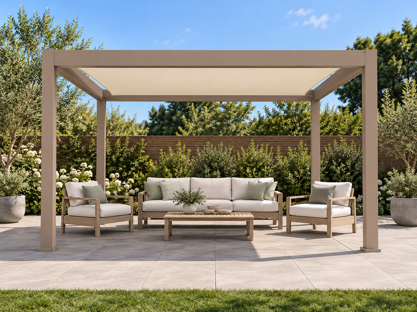Freestanding taupe CADARN FRAME with a fitted light fabric shade panel