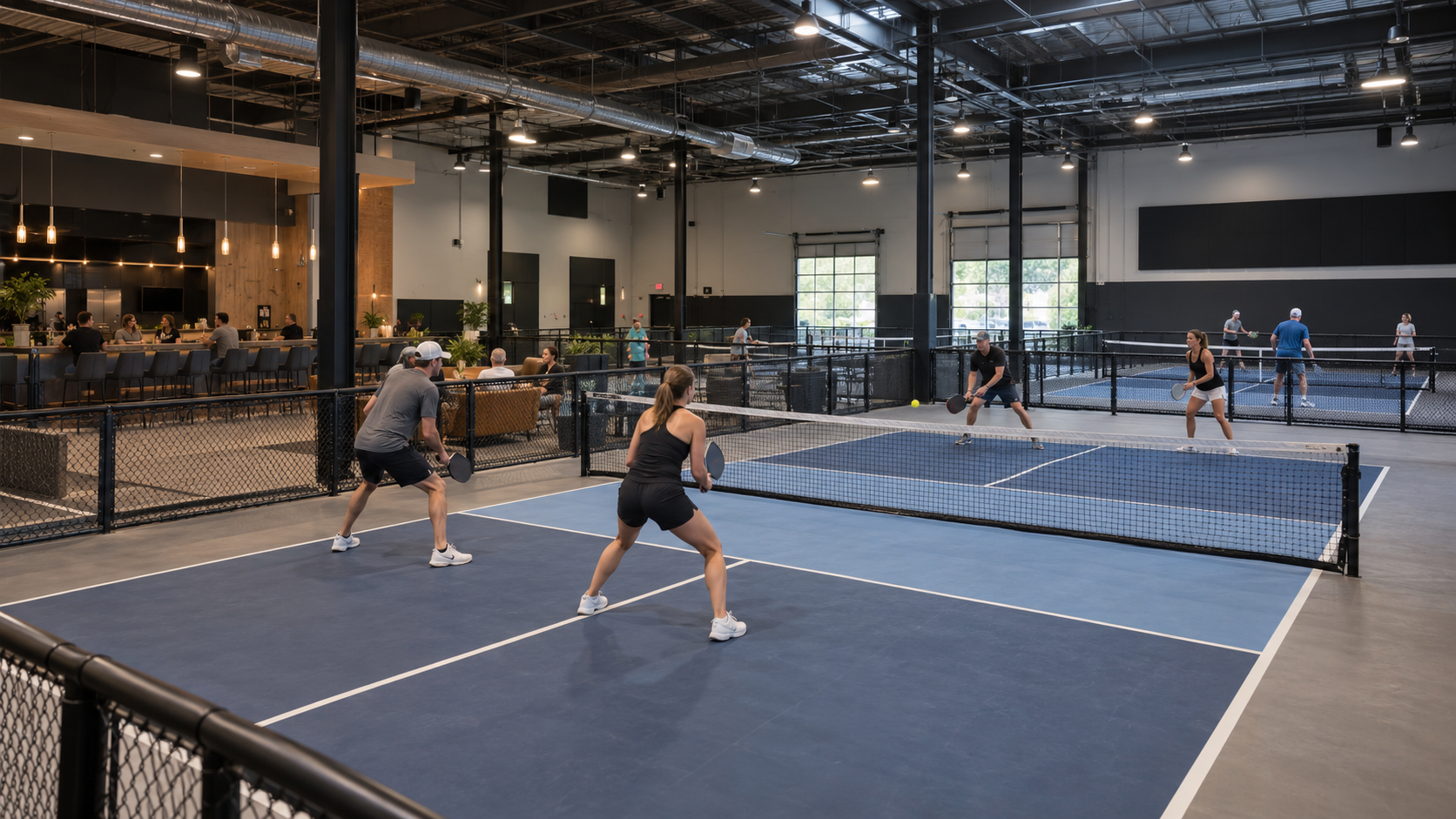 Modern indoor pickleball club with multiple courts and a hospitality lounge