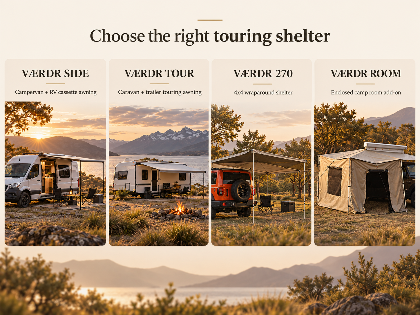 Comparison of VÆRDR SIDE, TOUR, 270 and ROOM touring shelter systems