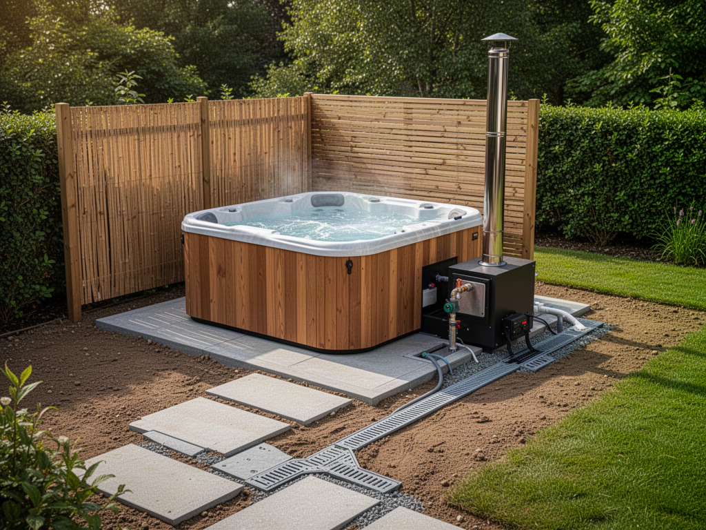 Wood-fired hot-tub site-planning illustration showing support, access, heater and surrounding clearances
