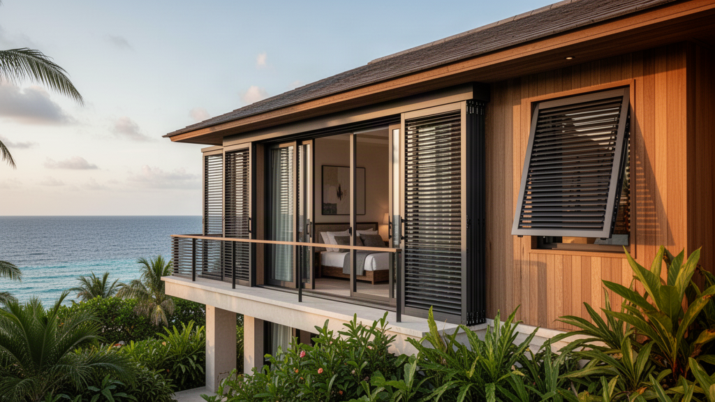 Luxury island resort villa with coordinated hurricane shutter protection