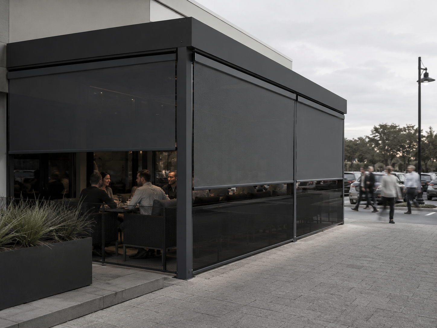 Contemporary residential patio with a dark guided outdoor blind