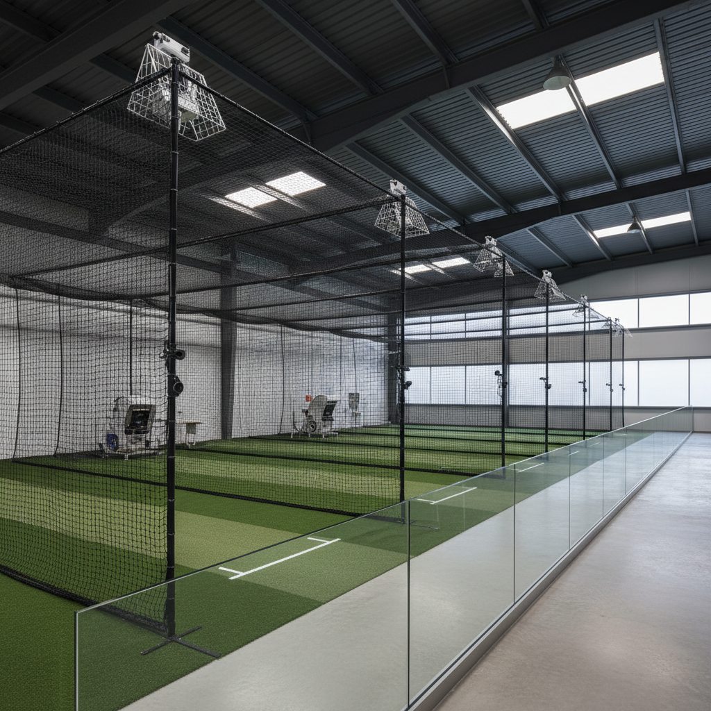 Indoor cricket training centre with retractable lanes