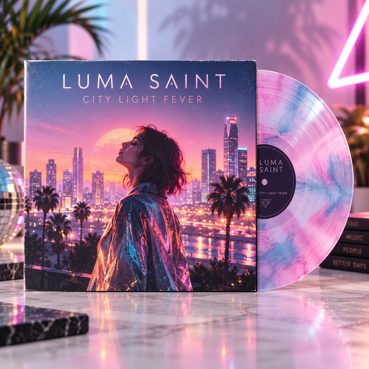 Fictional pop vinyl release with premium coloured record and sleeve