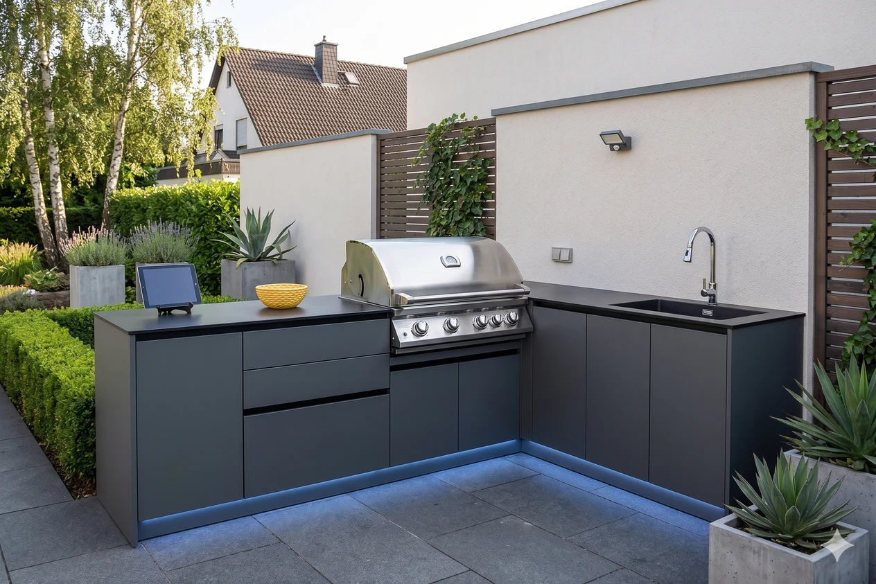 HAVENFORM dark outdoor kitchen cabinetry with barbecue and sink