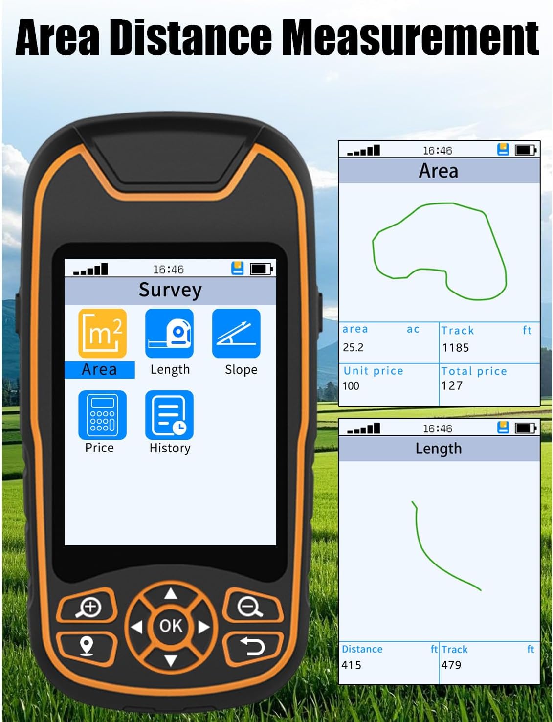 A8 handheld GPS area and distance measurement screens