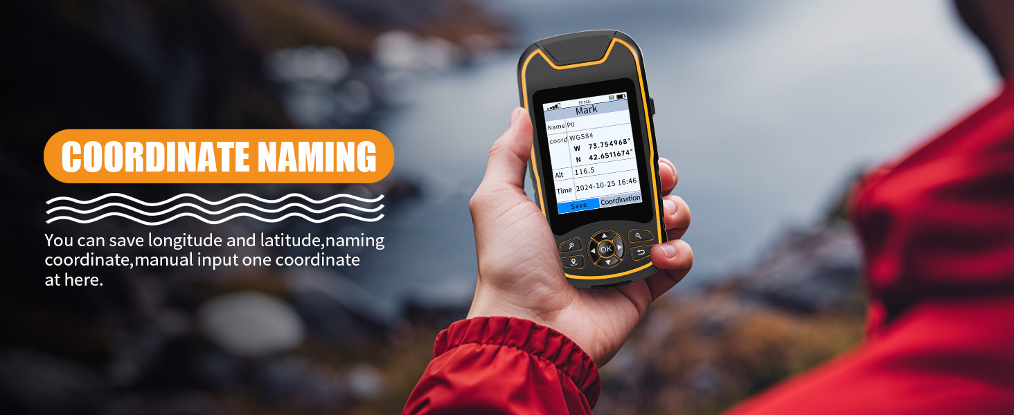 A8 handheld GPS coordinate naming screen used outdoors