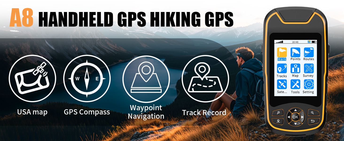 A8 handheld GPS feature overview showing waypoint, compass and track-record functions