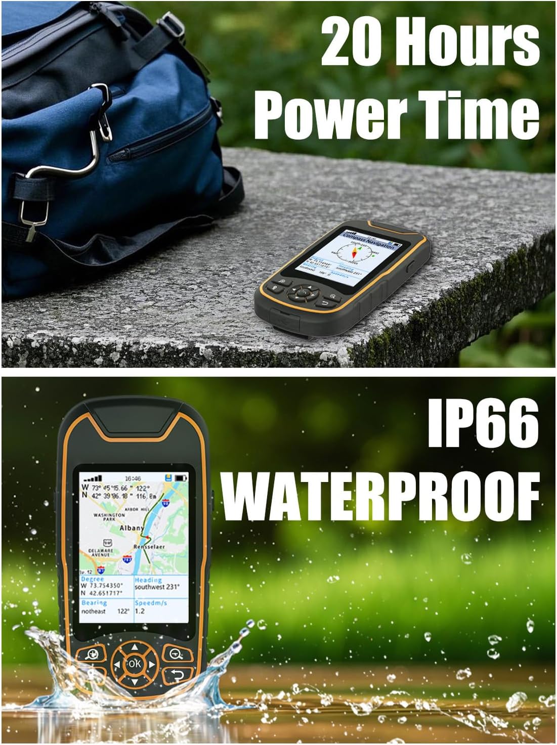 A8 handheld GPS outdoors showing IP66 water resistance reference