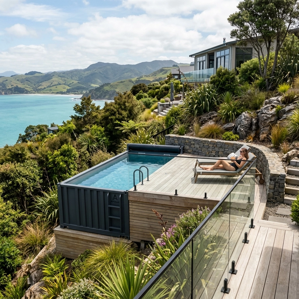 Auremont modular pool overlooking a coastal landscape
