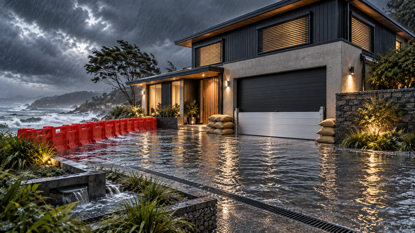 Modern entrance and garage protected with aluminium and modular flood-control systems