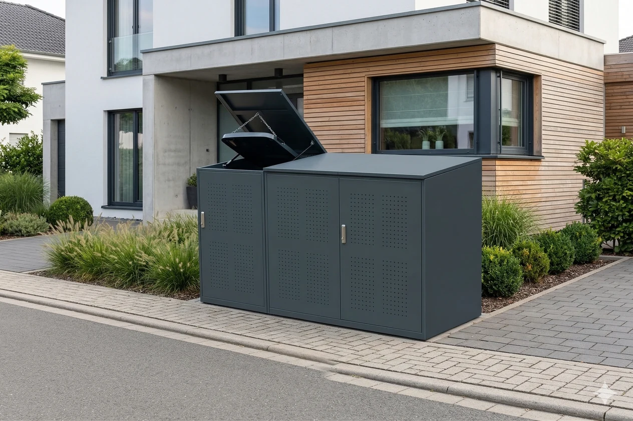 HAVENFORM steel wheelie bin enclosure in a contemporary residential setting