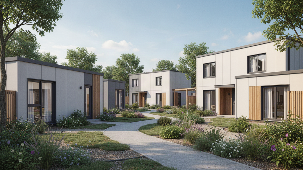 Contemporary prefabricated project housing illustrating off-site building manufacture