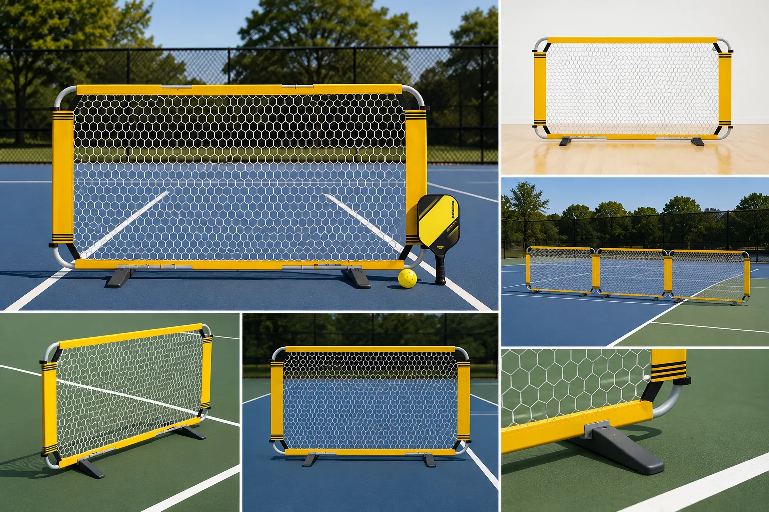 Product views of Apollo portable pickleball court divider barrier showing frame, mesh, support feet and connected panels