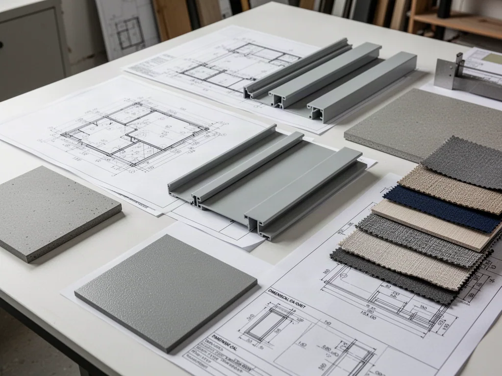 Architectural specification desk with technical drawings and Apollo-style material samples
