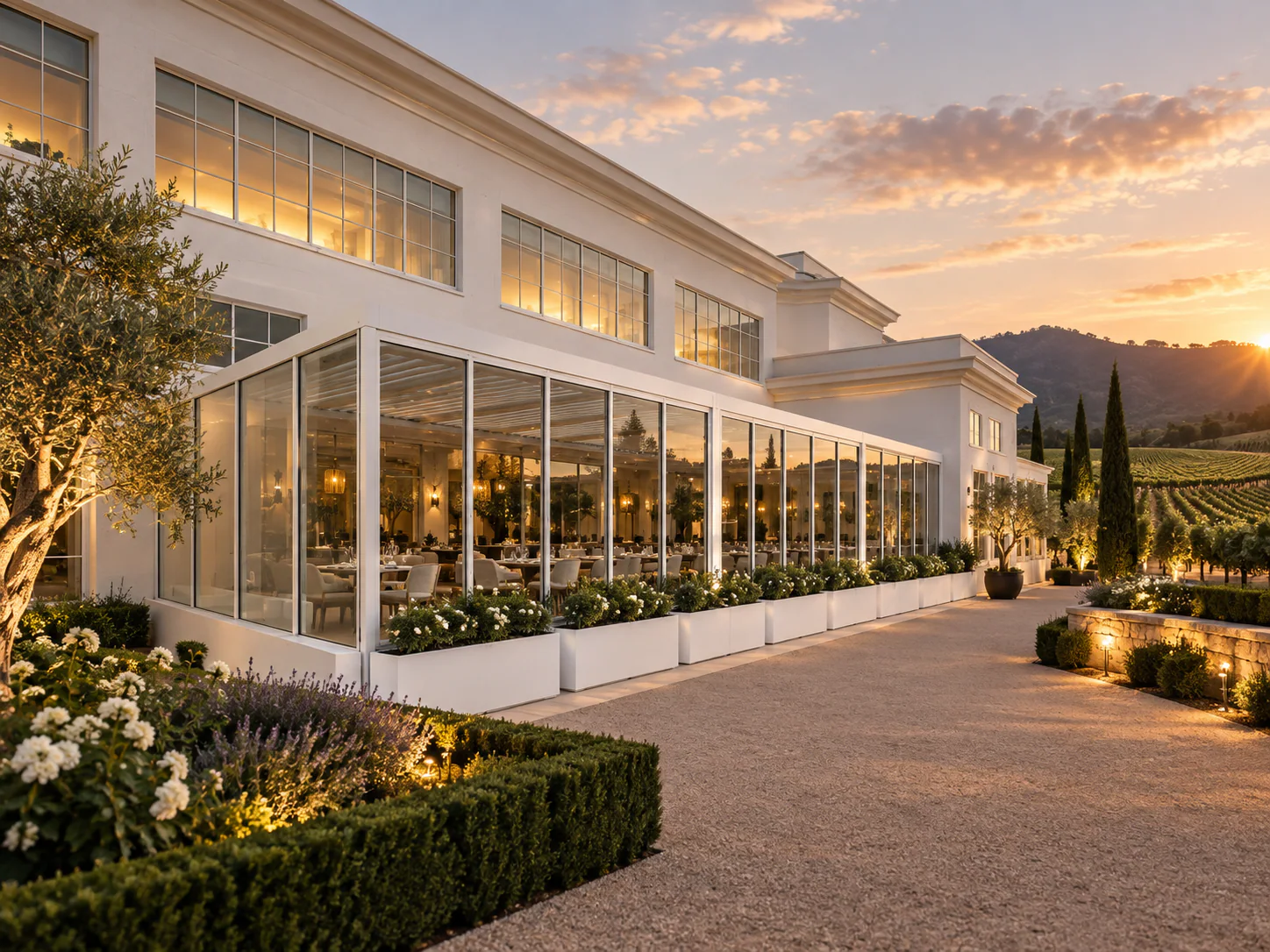Glass-enclosed architectural louvre roof in a vineyard hospitality setting