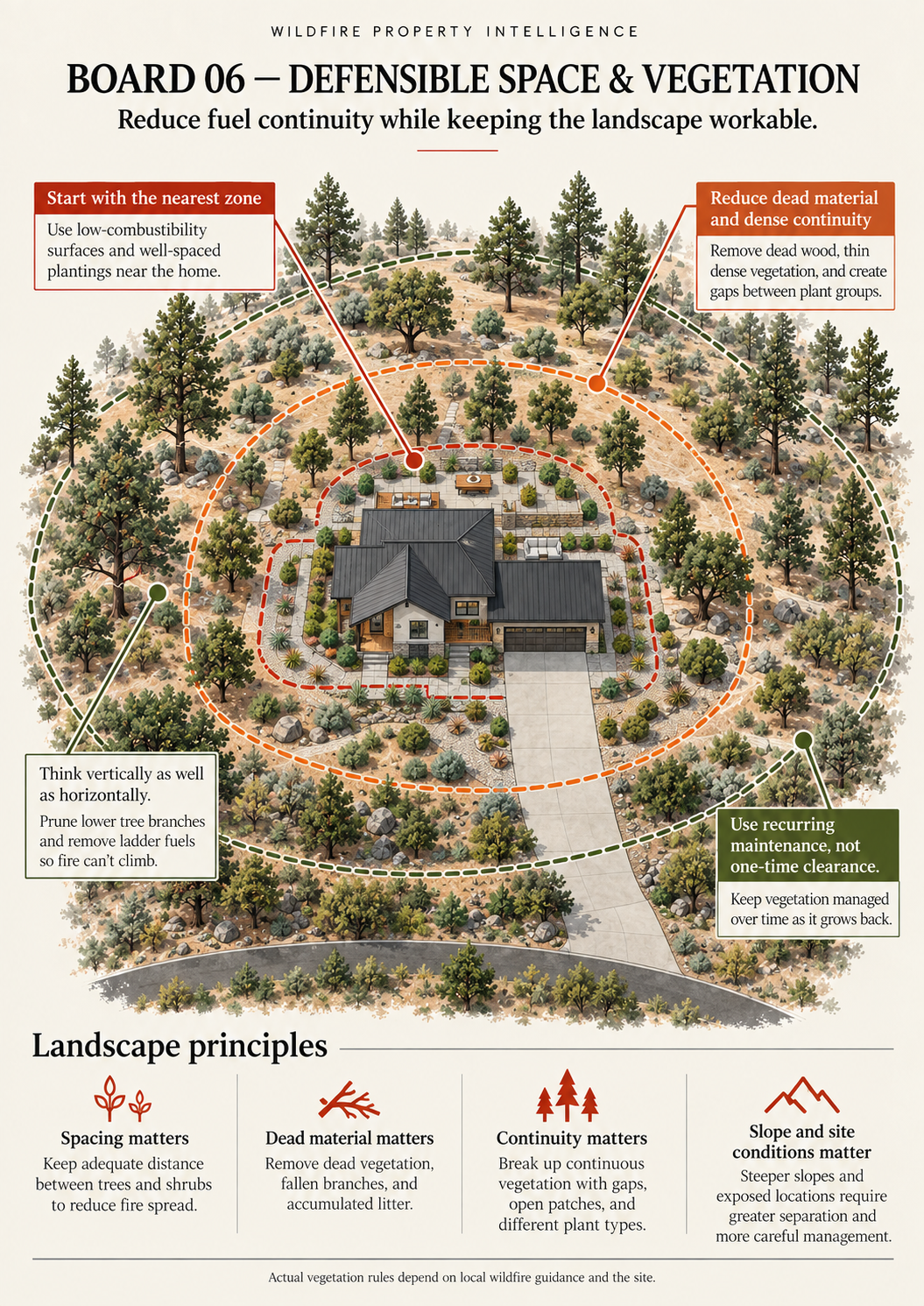 Illustrated defensible-space board showing vegetation zones, spacing, dead material and fuel continuity around a home
