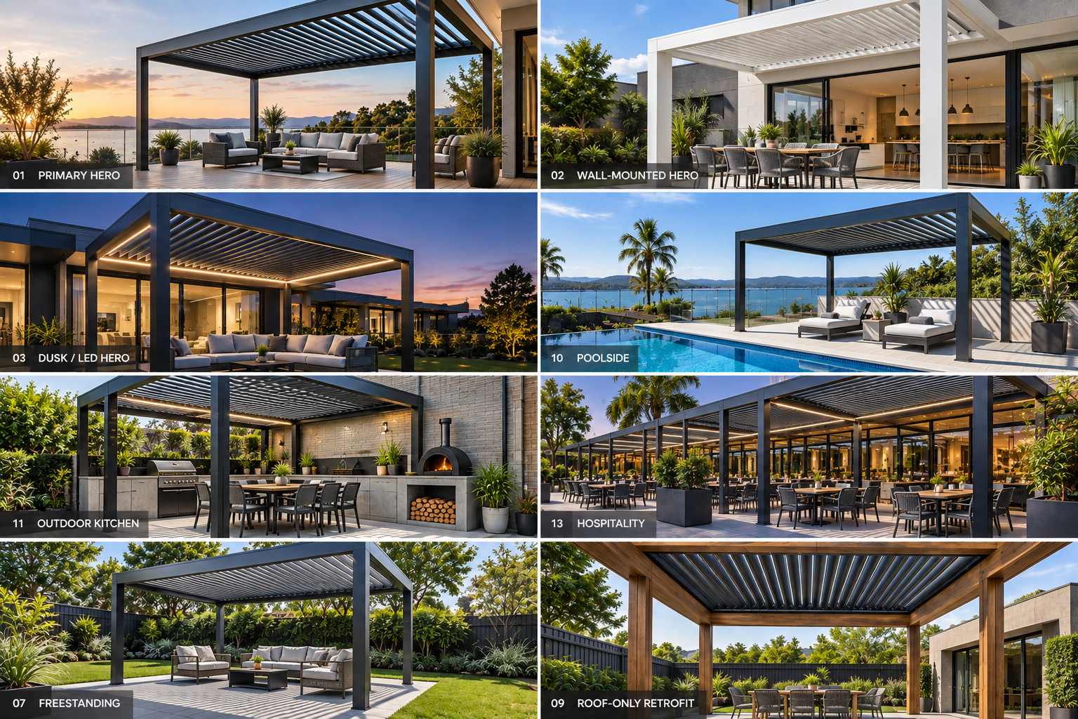 AEGIS PRIME louvre pergola applications including residential, poolside, outdoor kitchen and hospitality configurations