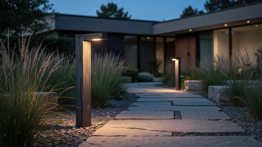 SVALDR Path weathered-steel architectural bollard light illuminating a contemporary garden path