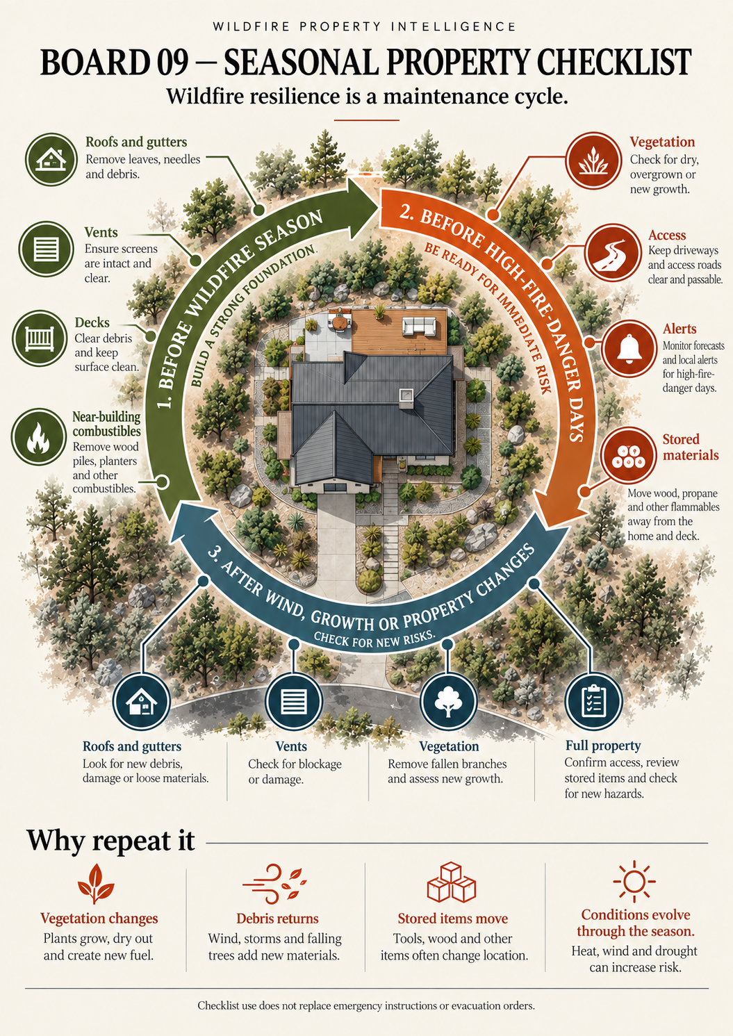 Illustrated wildfire seasonal property checklist showing pre-season, high-fire-danger and post-change maintenance phases